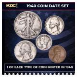 1940 5 Coin Date Set, 1 Of Each Type Of Coin Minte