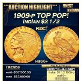 1909-p Gold Indian Quarter Eagle TOP POP! $2 1/2 m