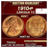 1910-p Lincoln Cent 1c ms67 rd SEGS