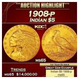 1908-p Gold Indian Half Eagle $5 ms65 USCG