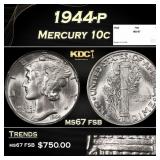 1944-p Mercury Dime 10c ms67 fsb SEGS