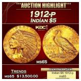 1912-p Gold Indian Half Eagle $5 ms64+ USCG