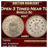 1873 Open 3 Shield Nickel Toned Near Top Pop 5c ms