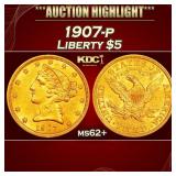 1907-p Gold Liberty Half Eagle $5 ms62+ USCG