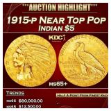 1915-p Gold Indian Half Eagle Near Top Pop $5 ms65