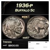 1936-p Buffalo Nickel 5c ms67 SEGS