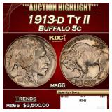1913-d Ty II Buffalo Nickel 5c ms66 SEGS