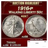 1916-p Walking Liberty Half Dollar 50c au58 SEGS