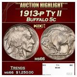 1913-p Ty II Buffalo Nickel 5c ms66 SEGS