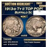 1913-d Ty II Buffalo Nickel TOP POP! 5c ms68 SEGS