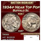 1934-p Buffalo Nickel Near Top Pop 5c ms67 SEGS