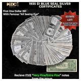 5x 1935 $1 Blue Seal Silver Certificates Grades VF