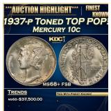 1937-p Mercury Dime Toned TOP POP! 10c ms68+ fsb S