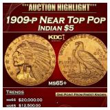 1909-p Gold Indian Half Eagle Near Top Pop $5 ms65