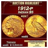 1912-p Gold Indian Half Eagle $5 ms64+ USCG