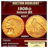 1908-d Gold Indian Half Eagle $5 ms64+ USCG