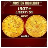 1907-p Gold Liberty Half Eagle $5 ms62+ USCG