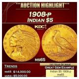 1908-p Gold Indian Half Eagle $5 ms65 USCG