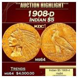 1908-d Gold Indian Half Eagle $5 ms64 USCG