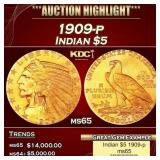 1909-p Gold Indian Half Eagle $5 ms65 USCG