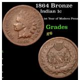 1864 Bronze Indian 1c Grades g+