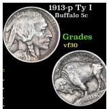 1913-p Ty I Buffalo 5c Grades vf++