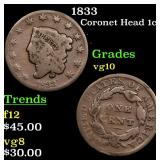 1833 Coronet Head 1c Grades vg+