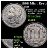 1866 Mint Error 3cn Grades Choice+ Unc