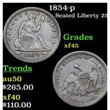 1854-p Seated Liberty 25c Grades xf+