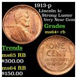 1913-p Lincoln 1c Grades Choice+ Unc RB