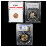 3 Slabbed Coins ( Lincoln 1c, Washington 25c, Pres