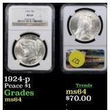 NGC 1924-p Peace Dollar $1 Graded ms64 By NGC