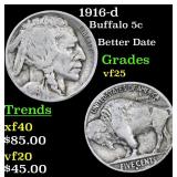 1916-d Buffalo Nickel 5c Grades vf+