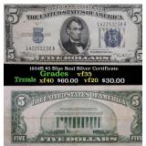 1934B $5 Blue Seal Silver Certificate  Grades vf++