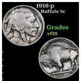 1916-p Buffalo Nickel 5c Grades vf+