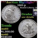 *Highlight* 1861-p Seated Liberty 50c Graded Unc D