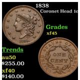 1838 Coronet Head 1c Grades xf+