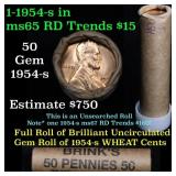 1954-s Lincoln cent 1c roll, 50 pieces (fc)