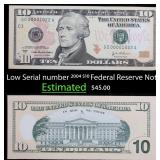 Low Serial number 2004 $10 Federal Reserve Note Gr