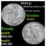1943-p Walking Liberty 50c Grades Select+ Unc
