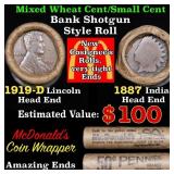 Mixed small cents 1c orig shotgun roll, 1919-d Whe