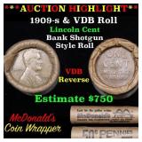 Lincoln Wheat cent 1c orig roll, 1909-s end, VDB o