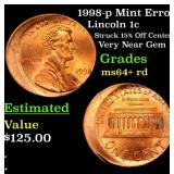 1998-p Mint Error Lincoln 1c Grades Choice+ Unc RD