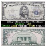 1953A $5 Blue Seal Silver Certificate Grades vf++