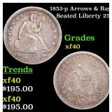 1853-p Arrows & Rays Seated Liberty 25c Grades xf