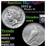 *Highlight* 1921-p Peace $1 Graded Choice Unc
