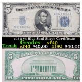 1934 $5 Blue Seal Silver Certificate Grades xf