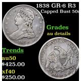 1838 GR-6 R3 Capped Bust 50c Grades AU Details