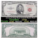 1953A $5 Red Seal United States Note Grades xf