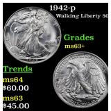 1942-p Walking Liberty 50c Grades Select+ Unc